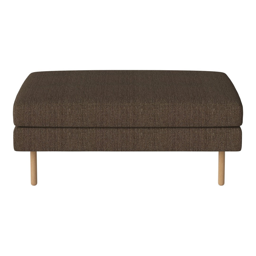 Brown upholstered ottoman with a subtle textured pattern and light wooden legs, perfect for any living space.