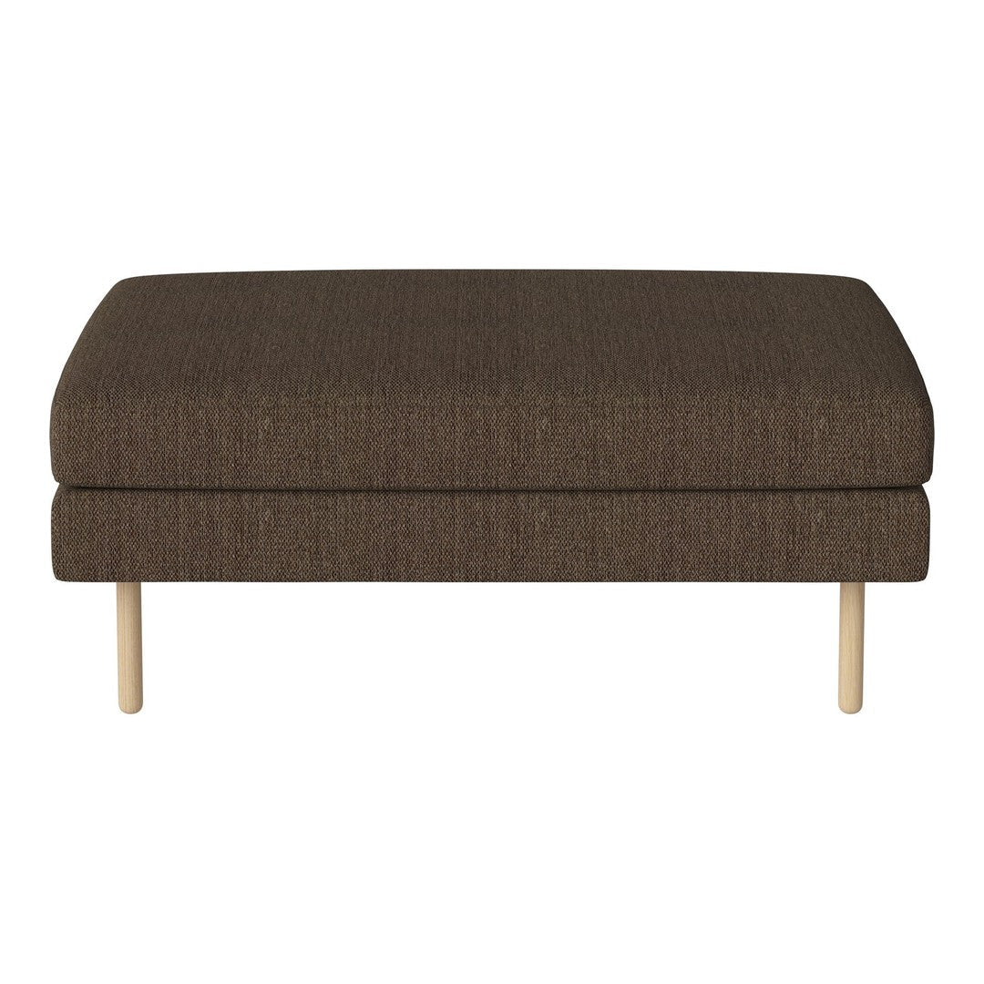 Brown upholstered ottoman with a textured finish and light wooden legs. Simplistic and modern design.