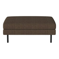 Brown textured ottoman with subtle woven pattern and sleek black metal legs. Perfect for modern decor.