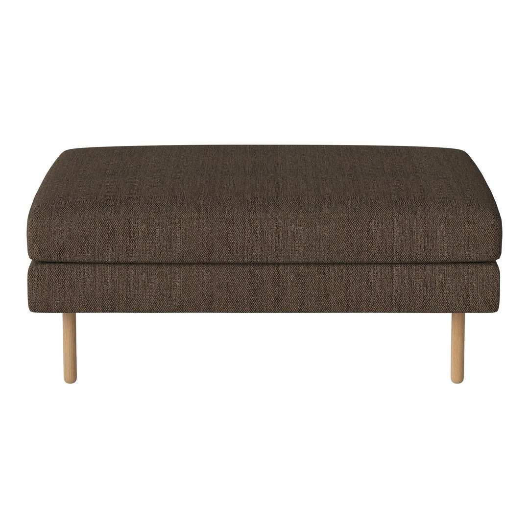Brown textured ottoman with a minimalist design and light wooden legs. Perfect for modern decor.