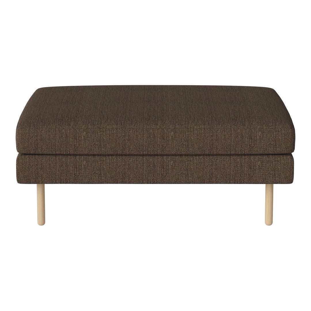 Brown upholstered ottoman with a subtle textured pattern and light wooden legs. Perfect for modern decor.