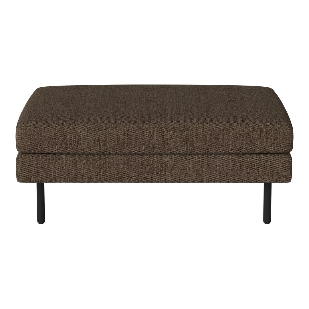 Brown upholstered ottoman with subtle texture and sleek black metal legs. Perfect for contemporary decor.