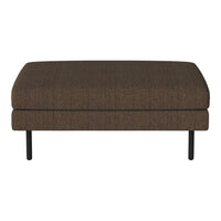 Brown upholstered ottoman with subtle texture and sleek black metal legs. Perfect for contemporary decor.
