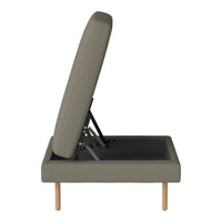 Gray upholstered adjustable sofa bed with clean lines and natural wood legs. Modern design, versatile and stylish.