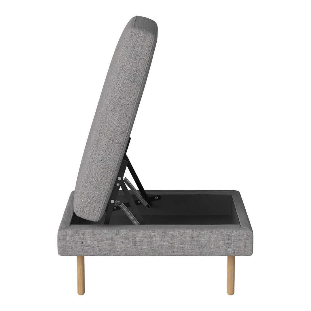 Gray upholstered chair with a minimalist design and light wooden legs, featuring a sleek, contemporary pattern.