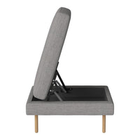 Gray upholstered chair with a minimalist design and light wooden legs, featuring a sleek, contemporary pattern.