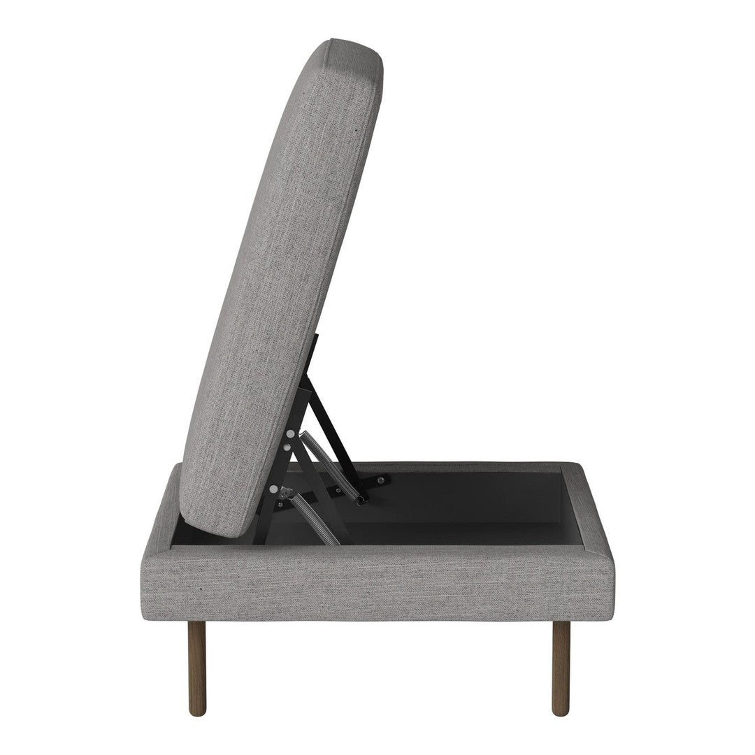 Gray upholstered mattress base with clean lines and minimalist design. Features a subtle fabric texture and sleek legs.