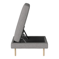 Gray fabric storage bench with a sleek modern design and natural wood legs. Ideal for minimalist interiors.