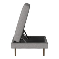 Gray upholstered chair with a sleek design and subtle textured pattern, featuring wooden legs for a modern look.