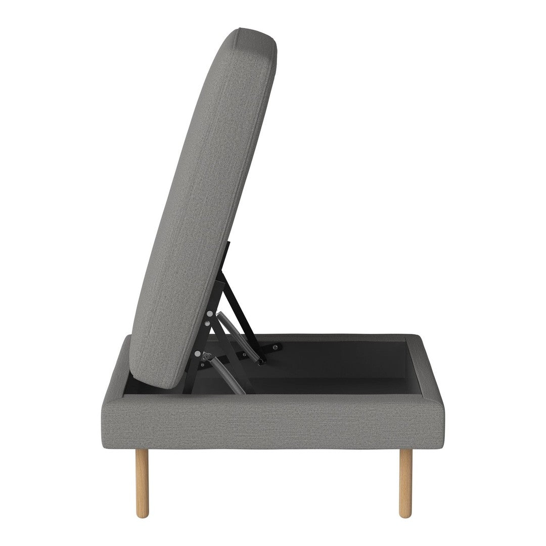 Gray fabric lift-top storage bed with minimalist design and light wood legs. Simple and modern aesthetic.