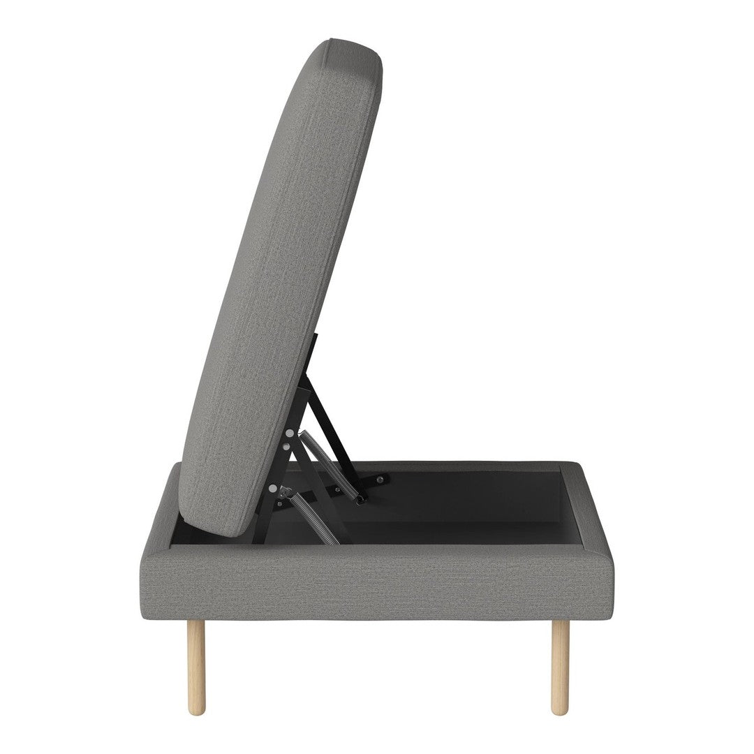 Gray upholstered adjustable sofa bed with a simple, modern design and light wooden legs.