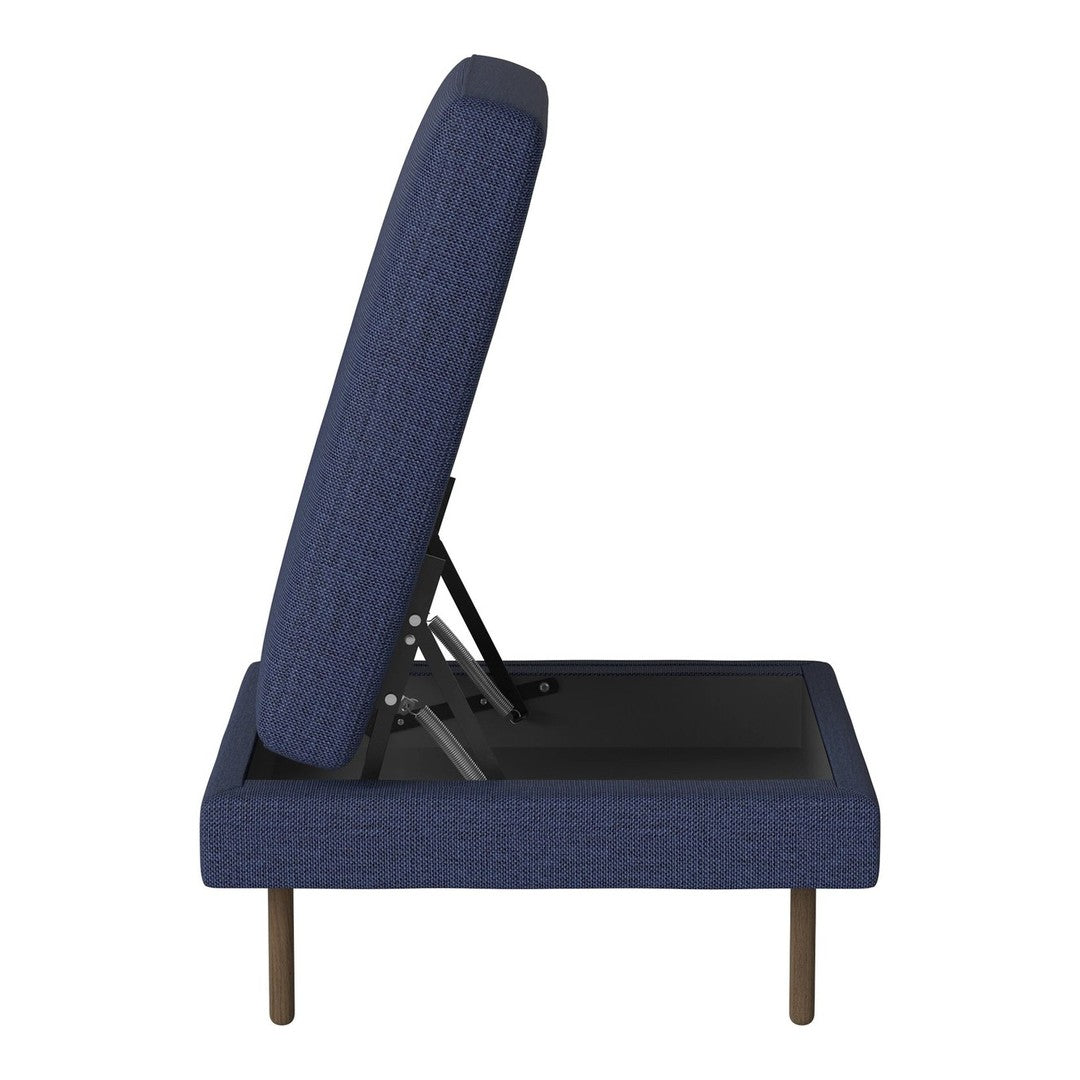 Navy blue upholstered chair with a textured pattern and wood legs, partially reclined for versatility.