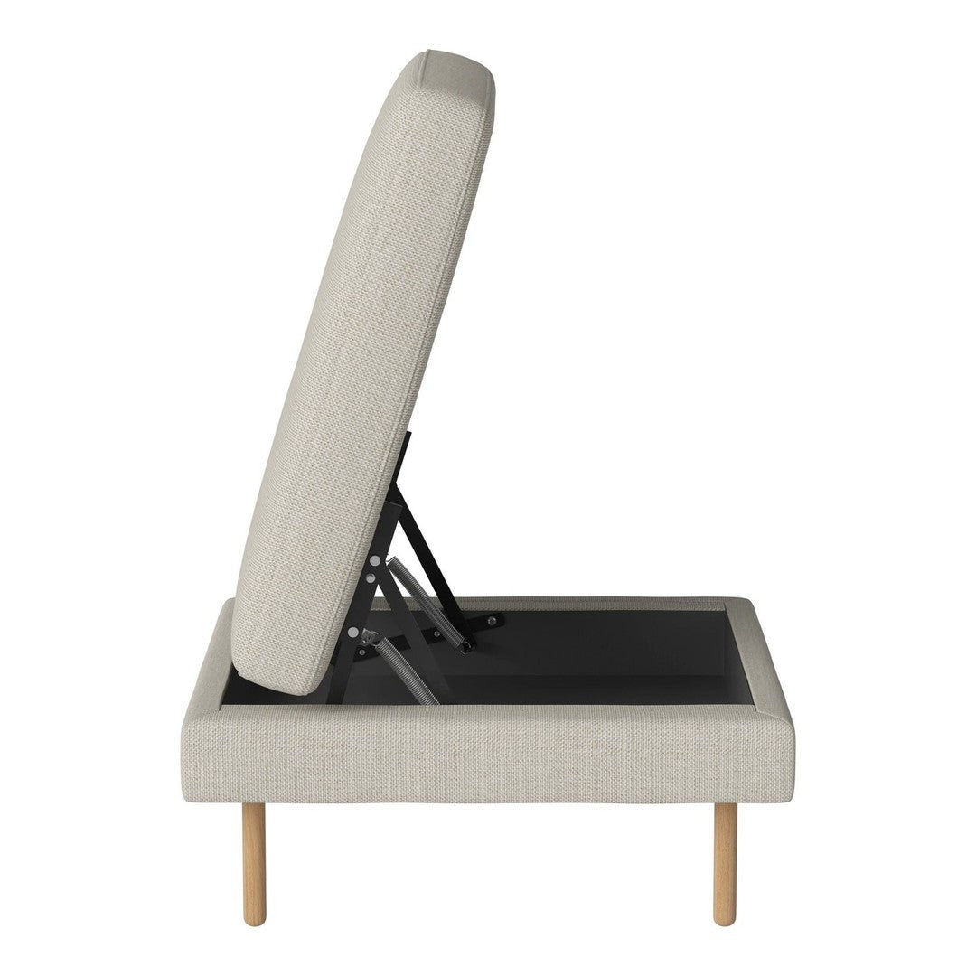 Light gray upholstery with a subtle texture, paired with natural wood legs in a minimalist design.