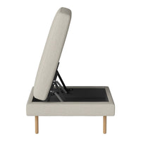 Light gray upholstery with a subtle texture, paired with natural wood legs in a minimalist design.