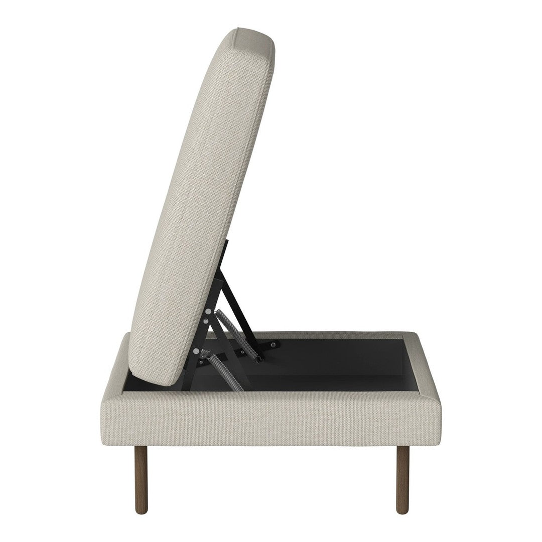 Light beige upholstery with a clean, modern design; complemented by dark wooden legs and a sleek black base.