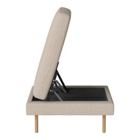 Beige upholstered sofa bed with a clean, modern design and wooden legs, featuring a minimalist pattern.