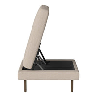 Beige upholstered chair with a smooth texture and subtle pattern, featuring minimalist metal legs.