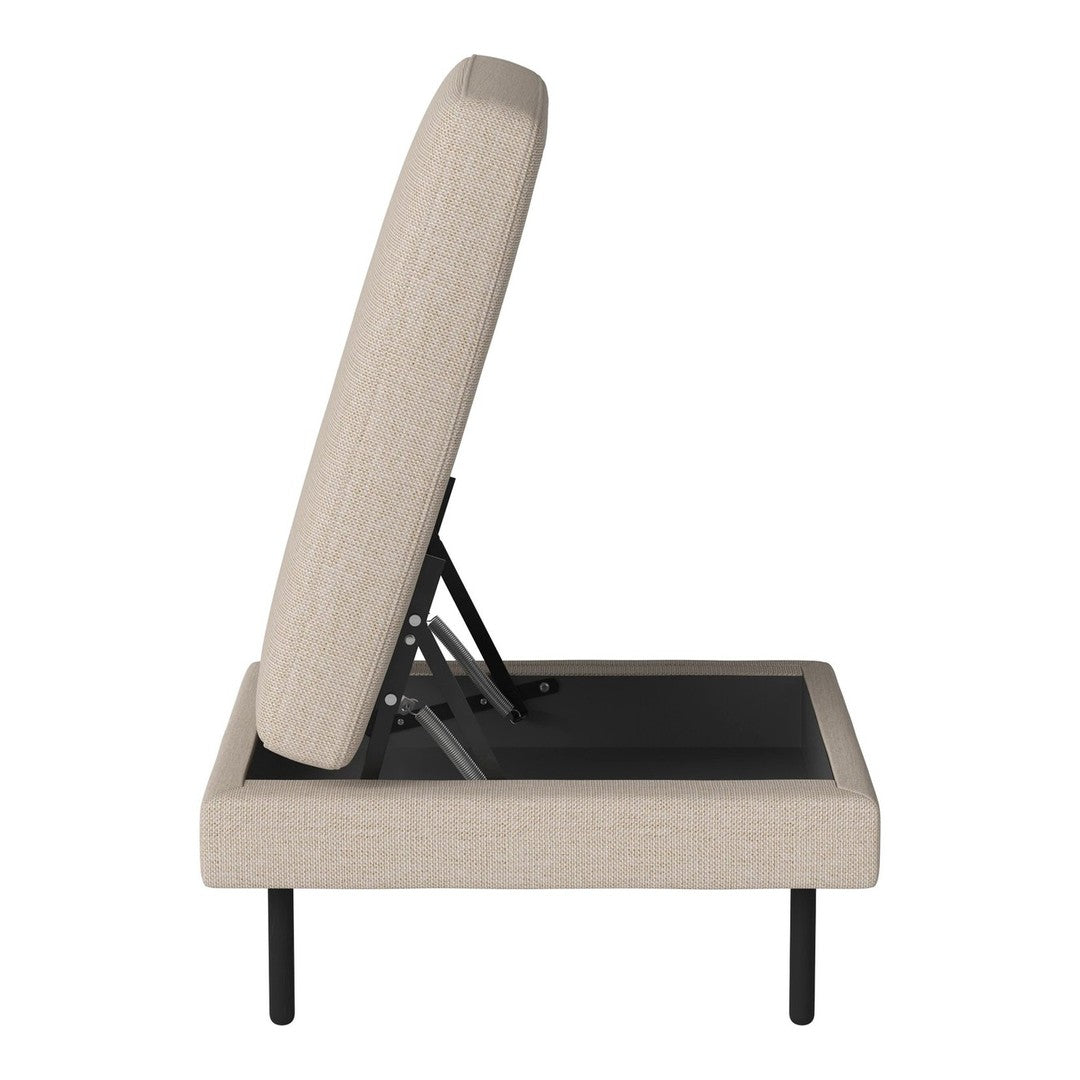 Beige upholstered ottoman with a textured finish and sleek black metal legs, showcasing a modern, minimalist design.