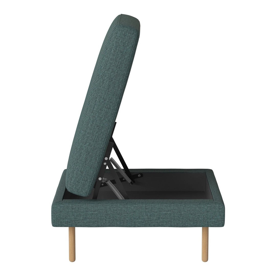 Teal upholstered ottoman with a textured pattern and natural wood legs, showcasing a modern, versatile design.