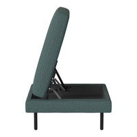 Teal upholstered chair with modern textured pattern and sleek black legs, showcasing adjustable reclining feature.