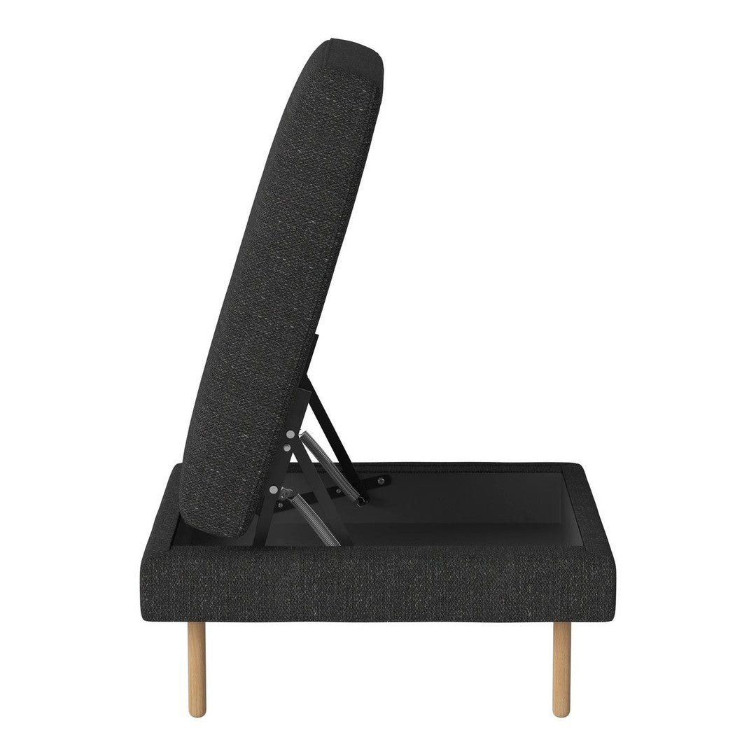 Modern grey fabric chair with adjustable backrest and natural wood legs, featuring a textured pattern for added comfort.