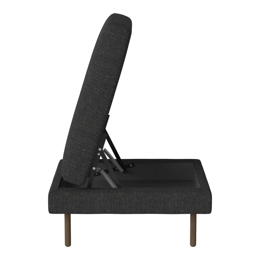 Gray fabric upholstered lounge chair with a sleek, modern design and a minimalist aesthetic.