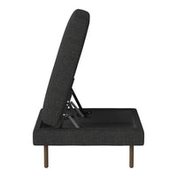 Gray fabric upholstered lounge chair with a sleek, modern design and a minimalist aesthetic.