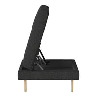 Stylish black fabric chaise lounge with a subtle pattern and natural wood legs, perfect for modern decor.