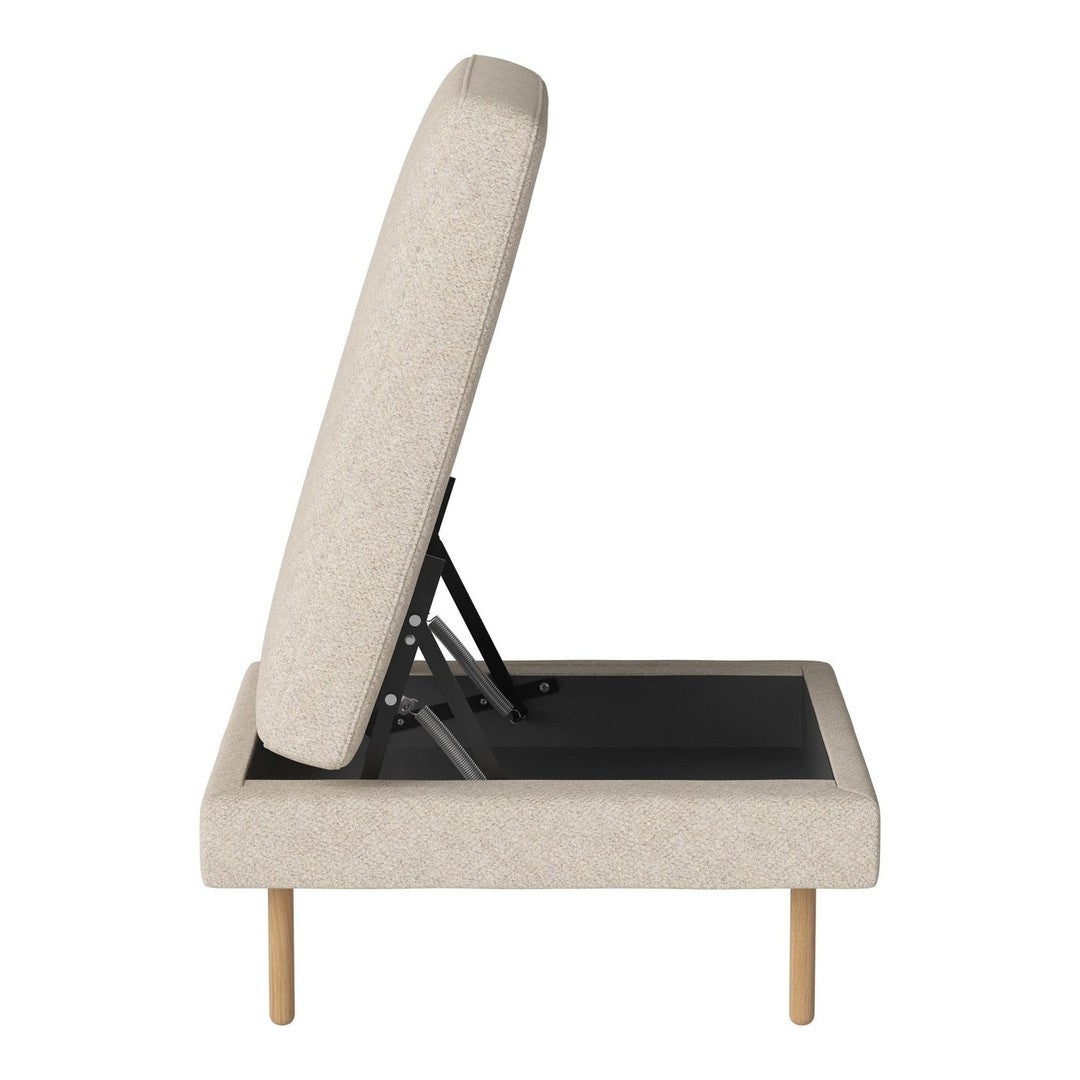 Beige upholstered storage bench with a minimalist design and subtle fabric texture, featuring wooden legs and a sleek black interior.