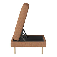 Brown textured upholstery on a minimalist adjustable bed frame with natural wood legs. Modern and sleek design.