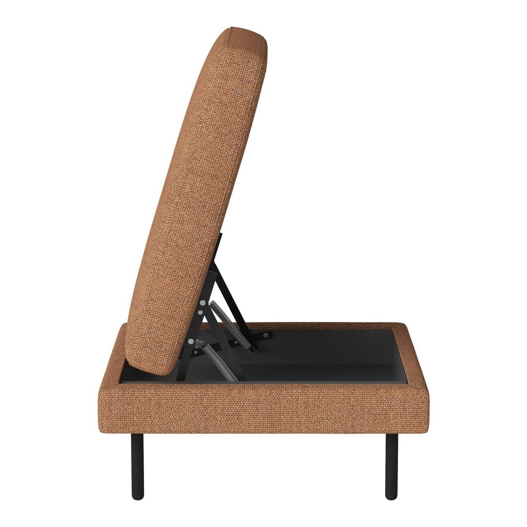 Brown textured upholstery on a minimalist sofa bed with a sleek black frame and adjustable backrest.