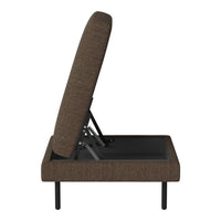 Brown textured upholstered sofa bed with a sleek black metal frame, featuring a contemporary design.