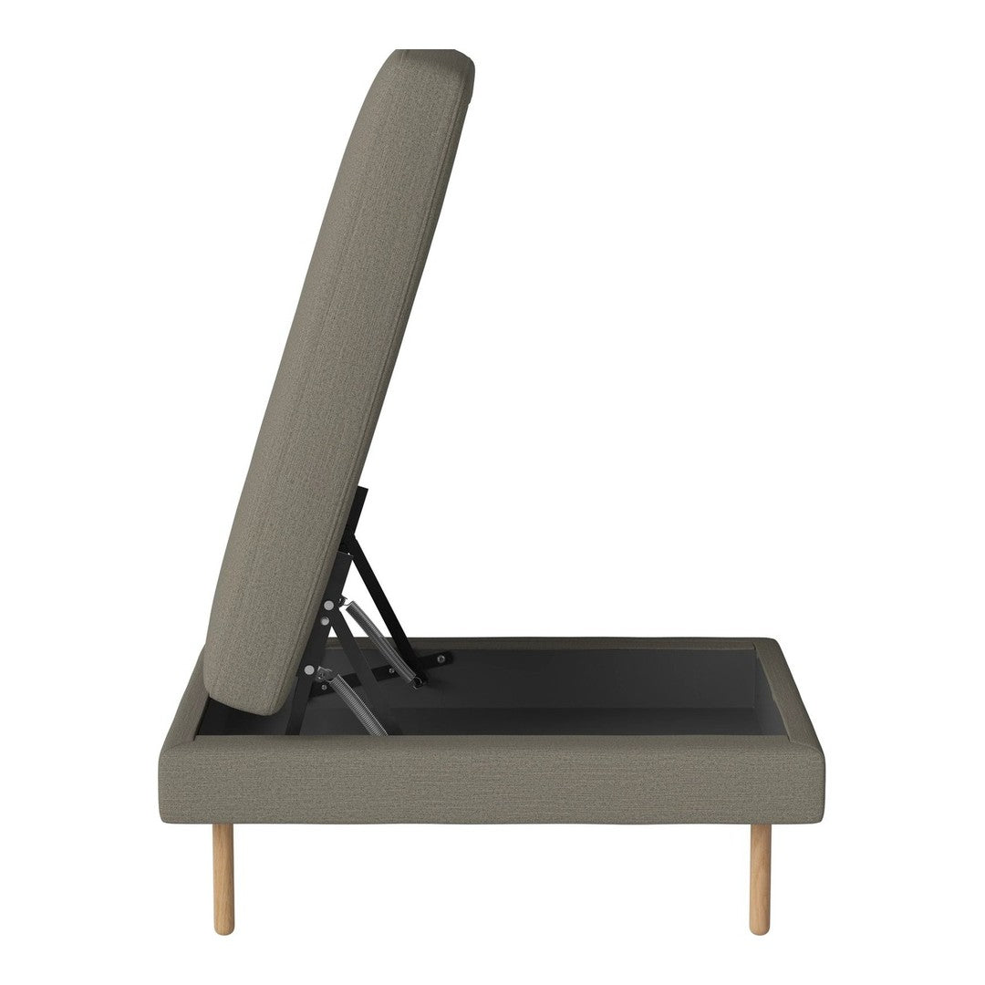 Gray upholstered sofa bed with a simple pattern and light wooden legs, featuring a reclining backrest.