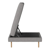 Gray upholstered sofa bed with a clean pattern, featuring a sleek design and natural wooden legs.