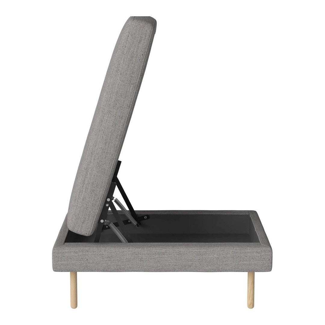 Gray upholstered frame with a subtle texture, wooden legs, and a sleek black base. Ideal for modern decor.
