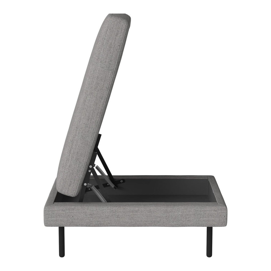 Gray upholstered adjustable bed frame with a sleek black base and minimalist design, highlighted by clean lines.