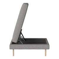 Gray upholstered storage bed frame with a sleek, modern design and natural wood legs. Minimalist and stylish.