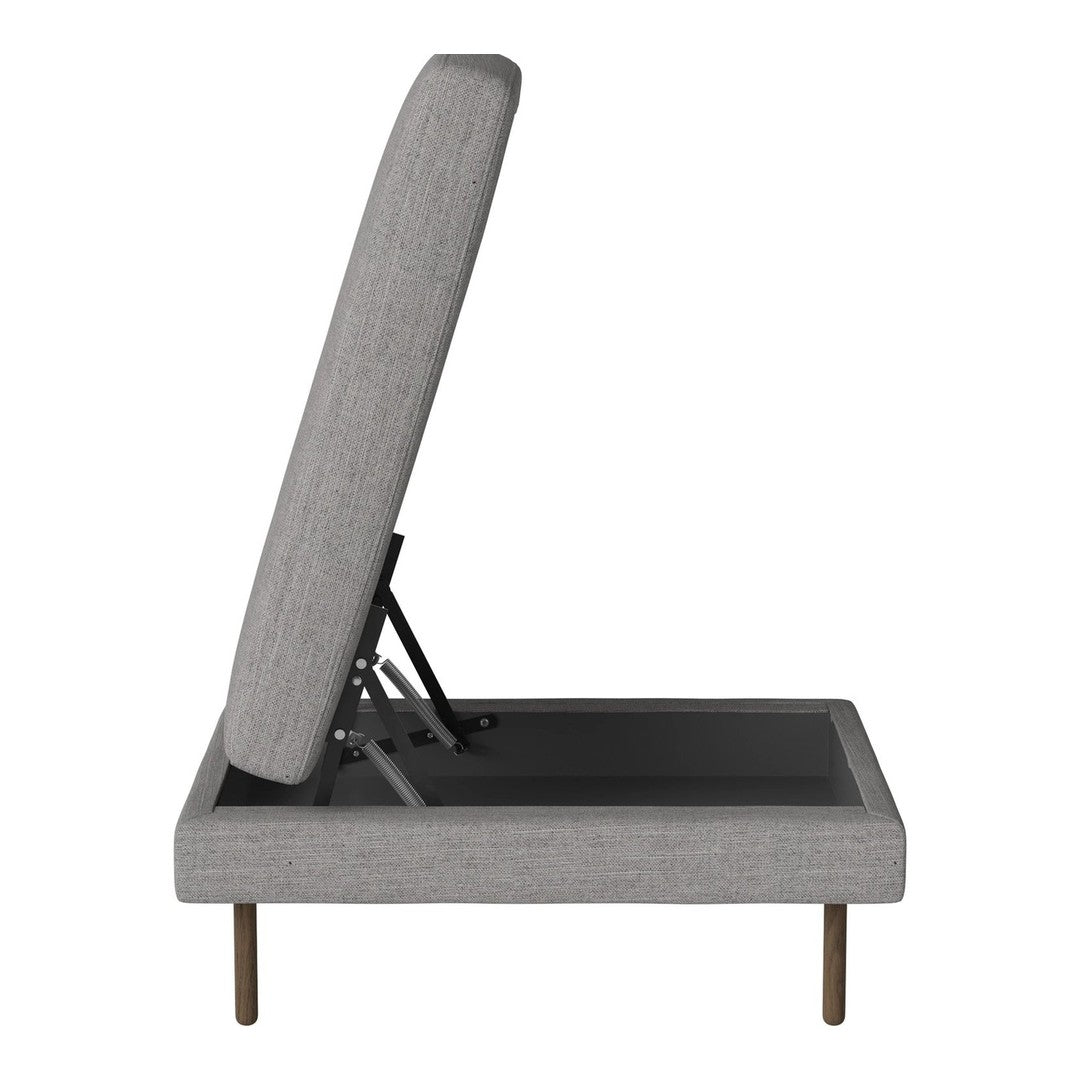 Gray fabric upholstery with a smooth texture and minimalist design, featuring a sleek, modern frame.