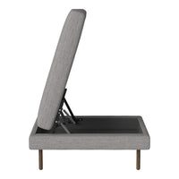 Gray fabric upholstery with a smooth texture and minimalist design, featuring a sleek, modern frame.
