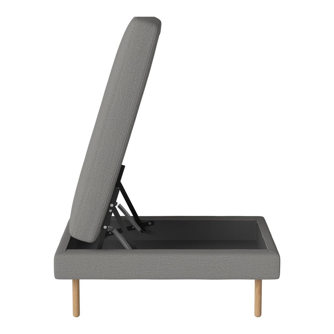 Gray upholstered bed frame with a textured pattern and natural wood legs, showcasing a sleek, modern design.