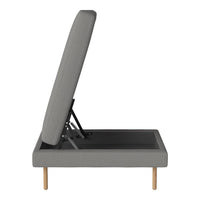 Gray upholstered bed frame with a textured pattern and natural wood legs, showcasing a sleek, modern design.