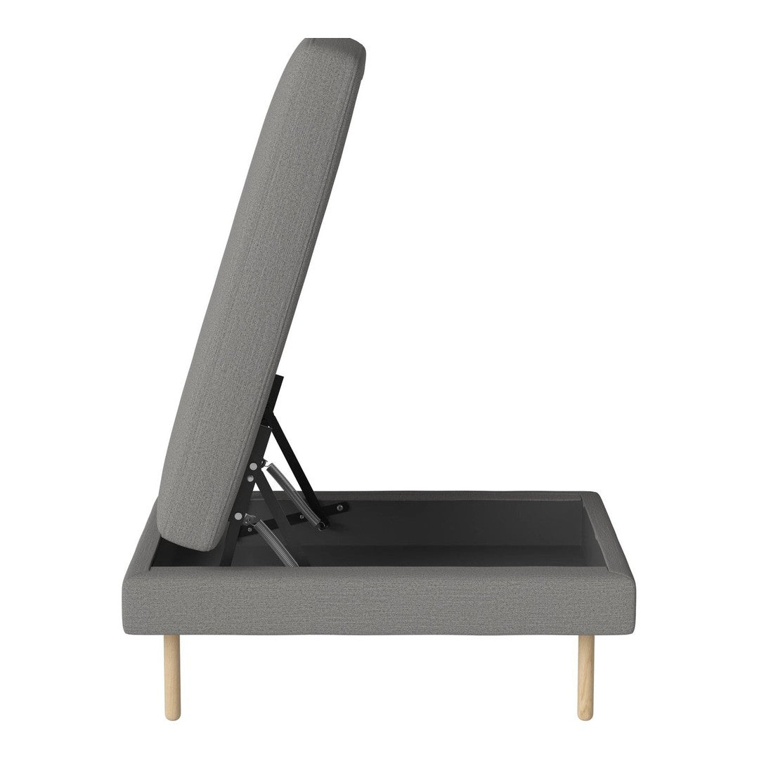 Gray upholstered bed frame with clean lines and natural wood legs, featuring a simple modern design.