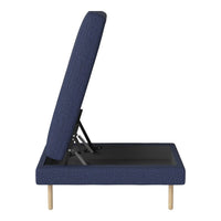 Navy blue fabric upholstery with textured pattern and natural wood legs. Modern adjustable design.