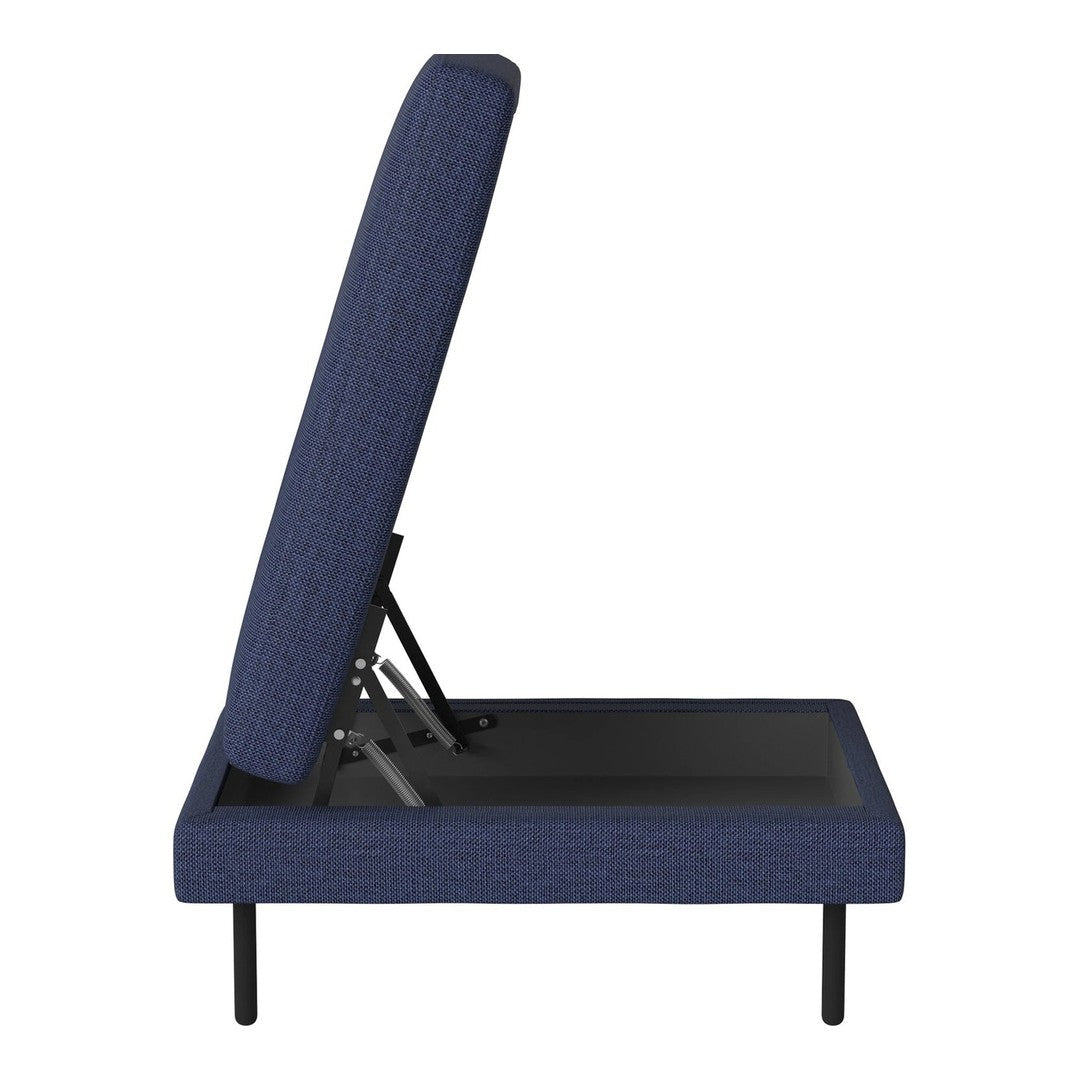 Navy blue textured upholstery on adjustable bed frame with simple black base. Modern and minimalistic design.