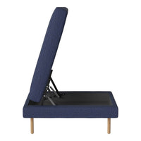Navy blue fabric with a textured pattern, featuring wooden legs and a sleek, modern design.