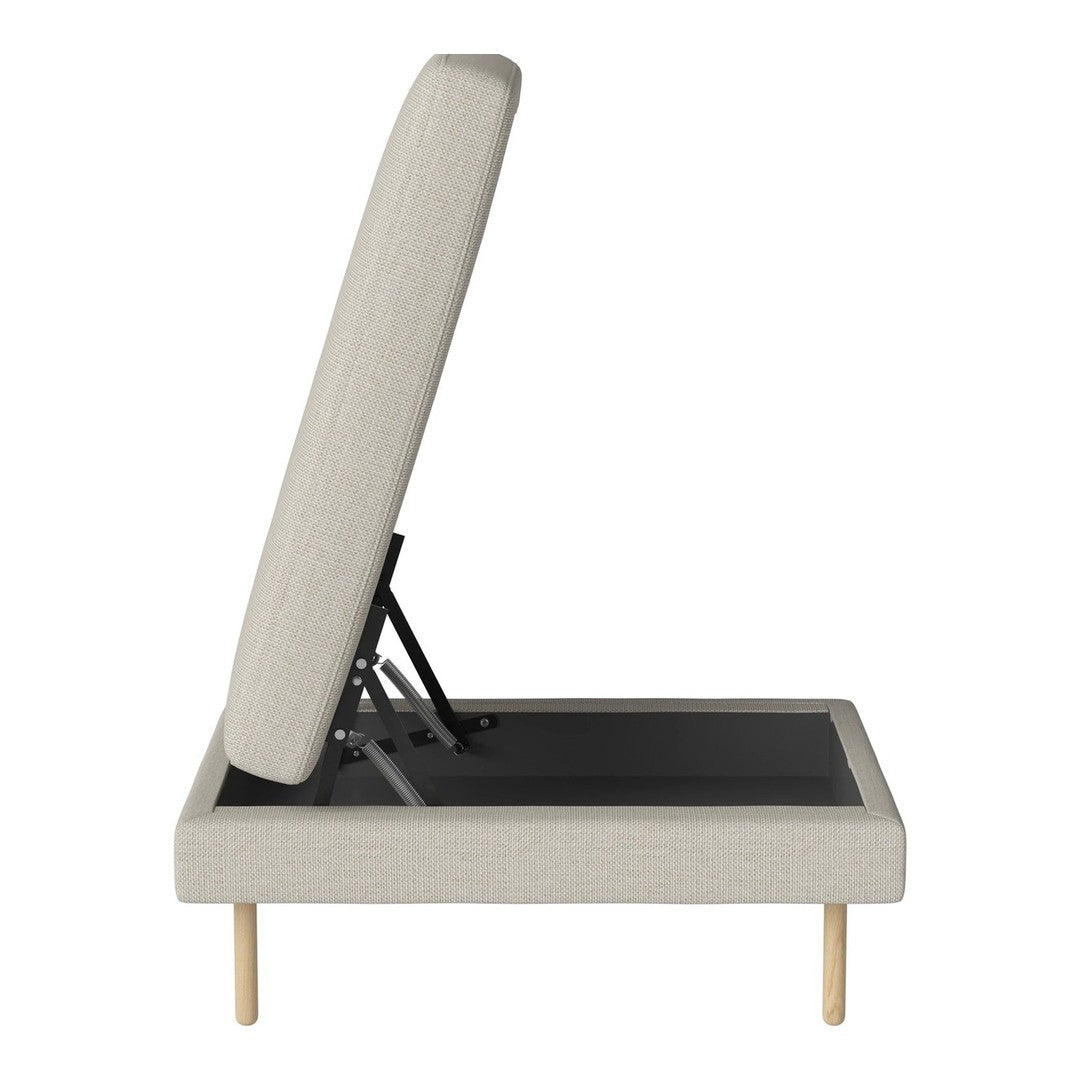 Beige upholstered bed base with a textured pattern and light wood legs, featuring a lift-up design.