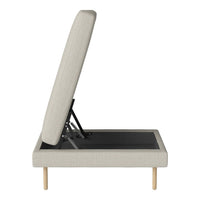 Beige upholstered bed base with a textured pattern and light wood legs, featuring a lift-up design.