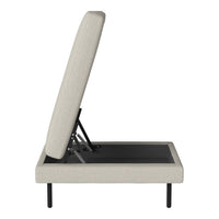Light beige upholstered bed frame with a textured pattern and sleek black metal legs. Modern and versatile design.