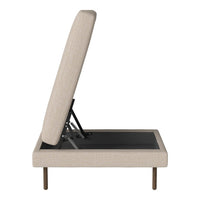 Beige upholstered ottoman with a clean, textured fabric and a sleek, minimalist design. Features subtle stitching details.
