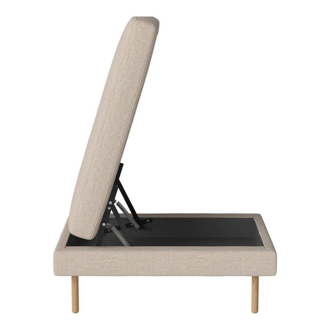 Beige upholstered bed frame with a simple linear pattern and natural wood legs, showcasing a modern minimalist design.